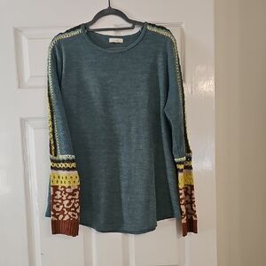 Easel Teal Knit Top with Multicolor Sleeves